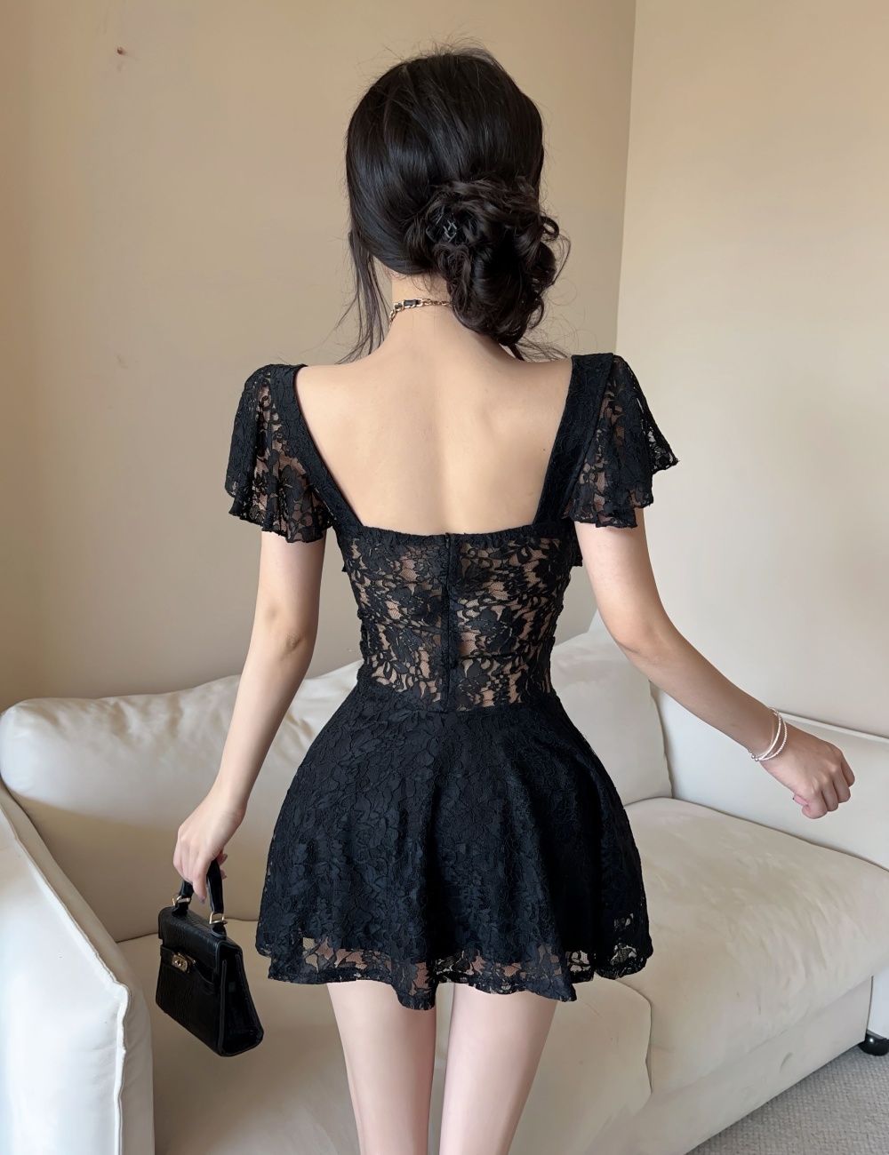 Seaside pinched waist vacation lace slim dress