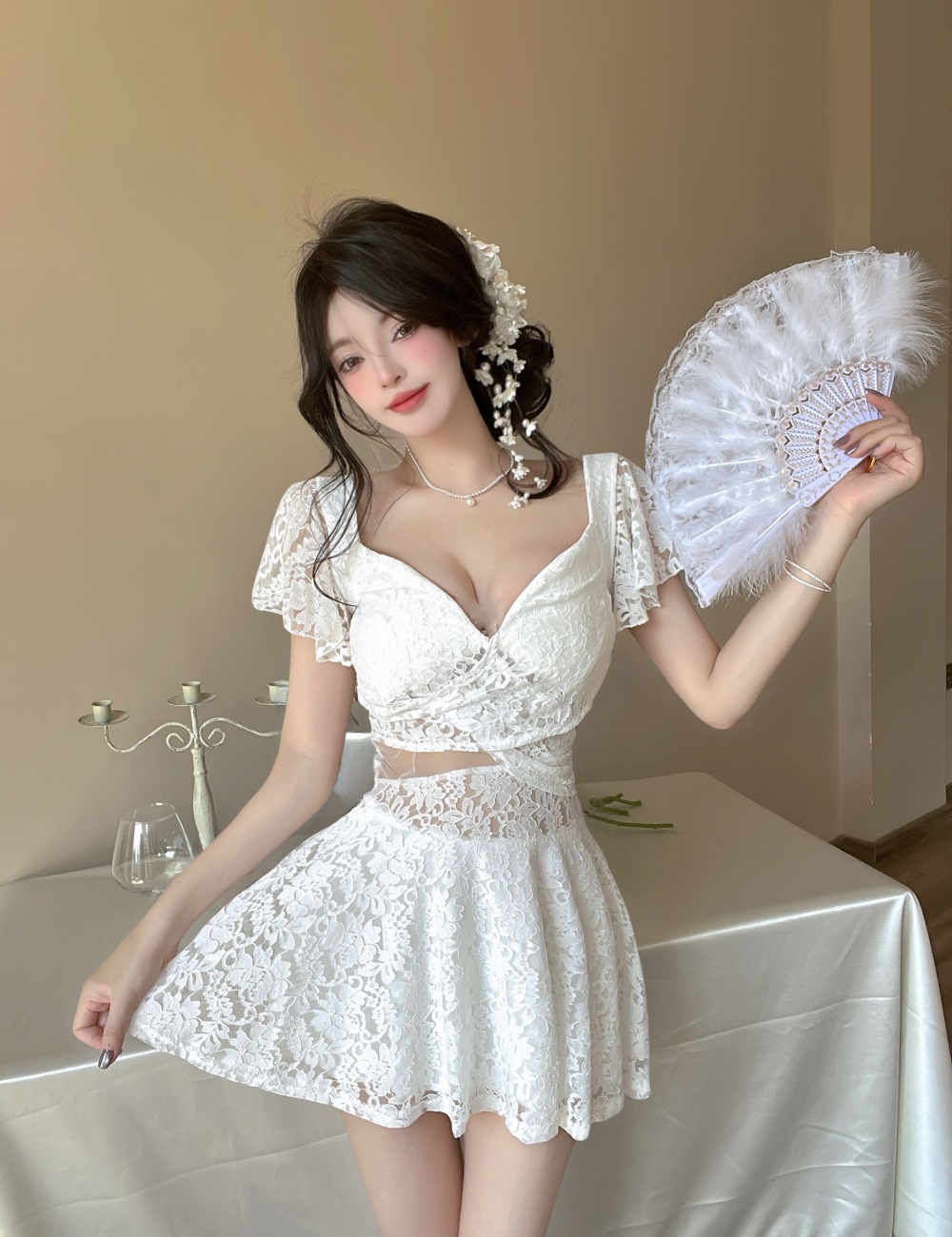 Seaside pinched waist vacation lace slim dress