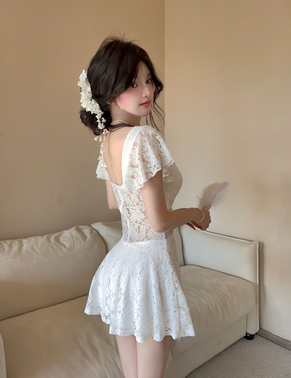 Seaside pinched waist vacation lace slim dress