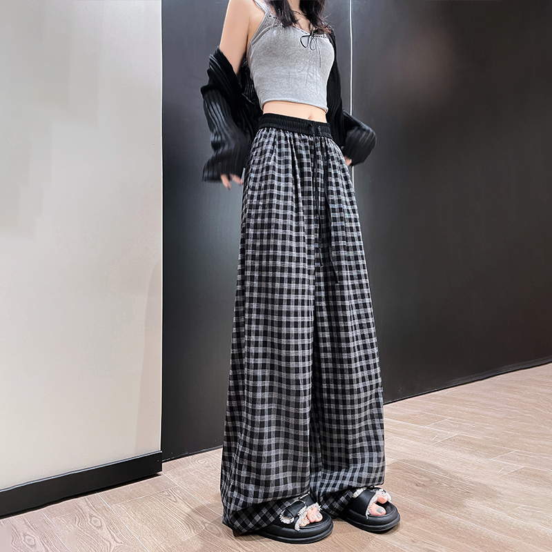 Black-white long pants straight plaid pants for women