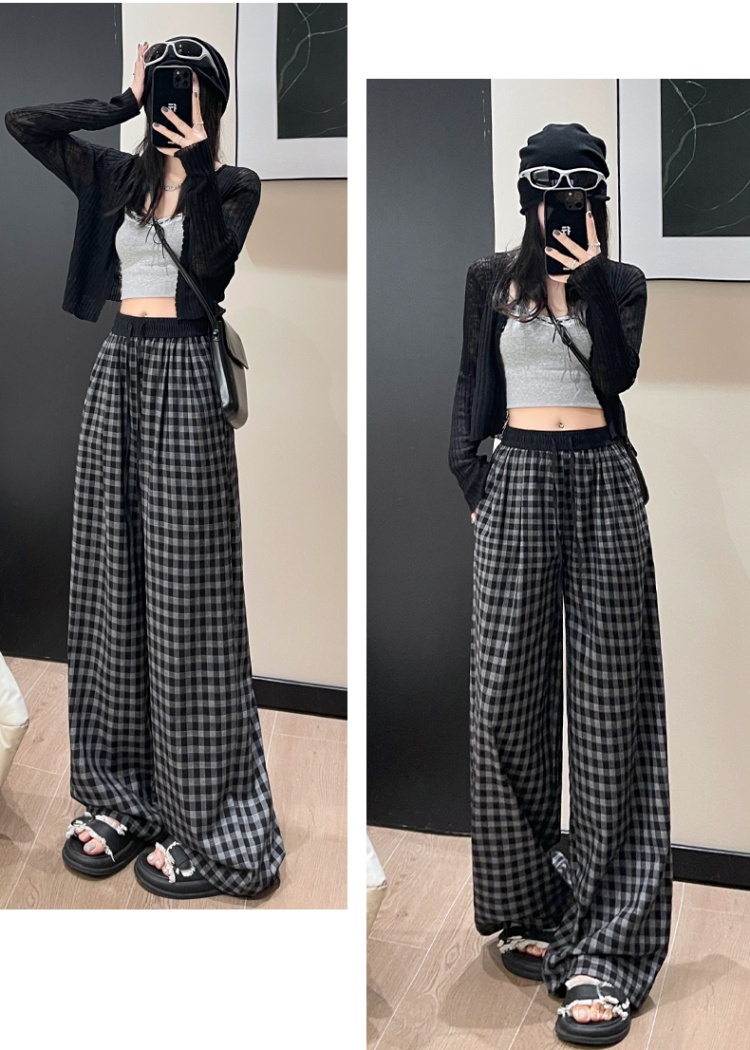 Black-white long pants straight plaid pants for women