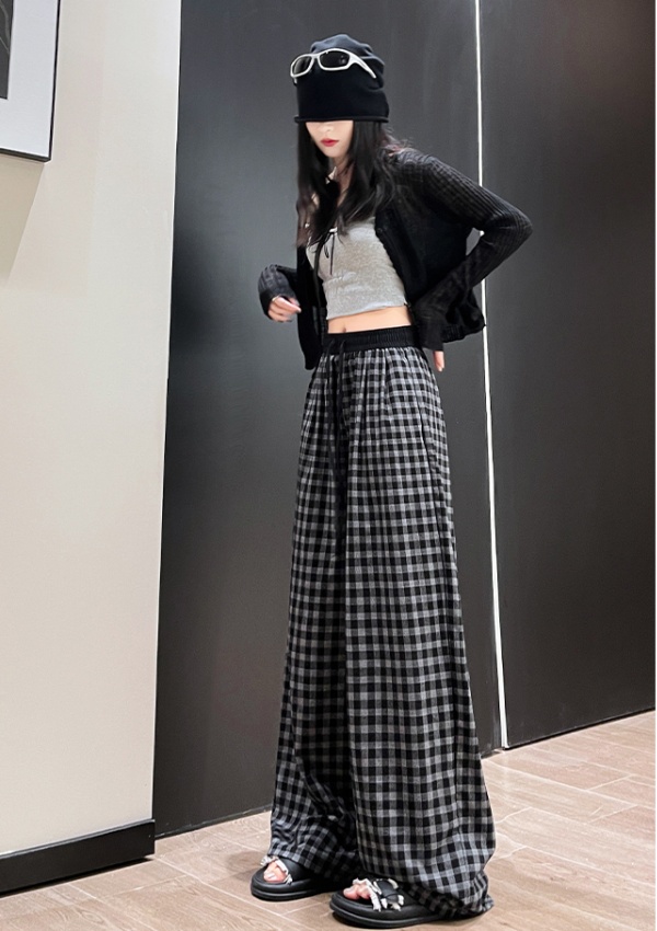 Black-white long pants straight plaid pants for women