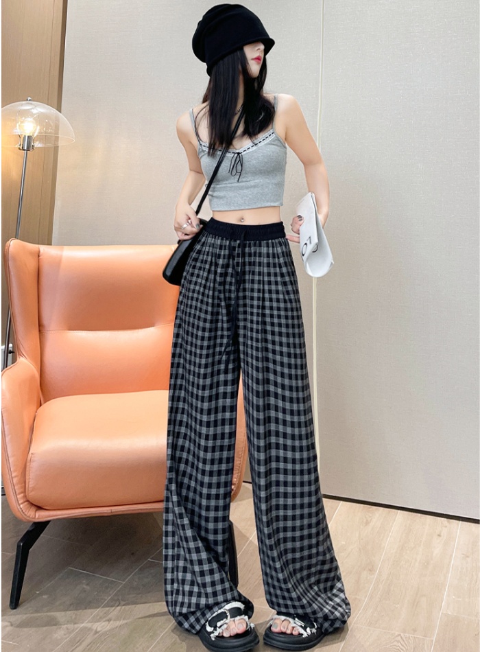 Black-white long pants straight plaid pants for women