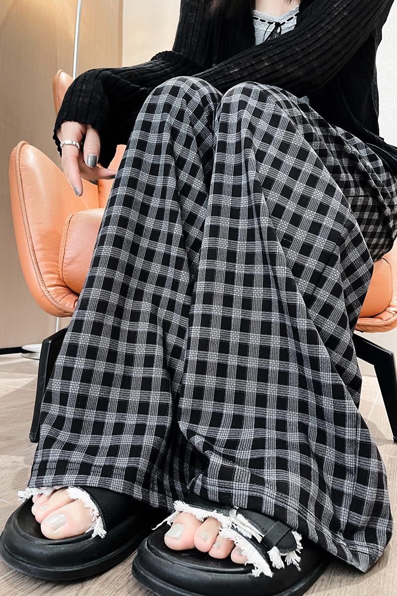 Black-white long pants straight plaid pants for women