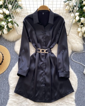 Satin long sleeve niche cardigan pinched waist slim dress