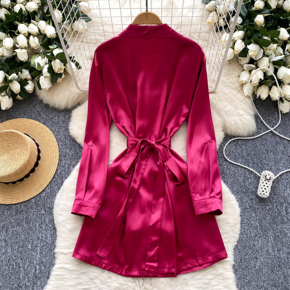 Satin long sleeve niche cardigan pinched waist slim dress