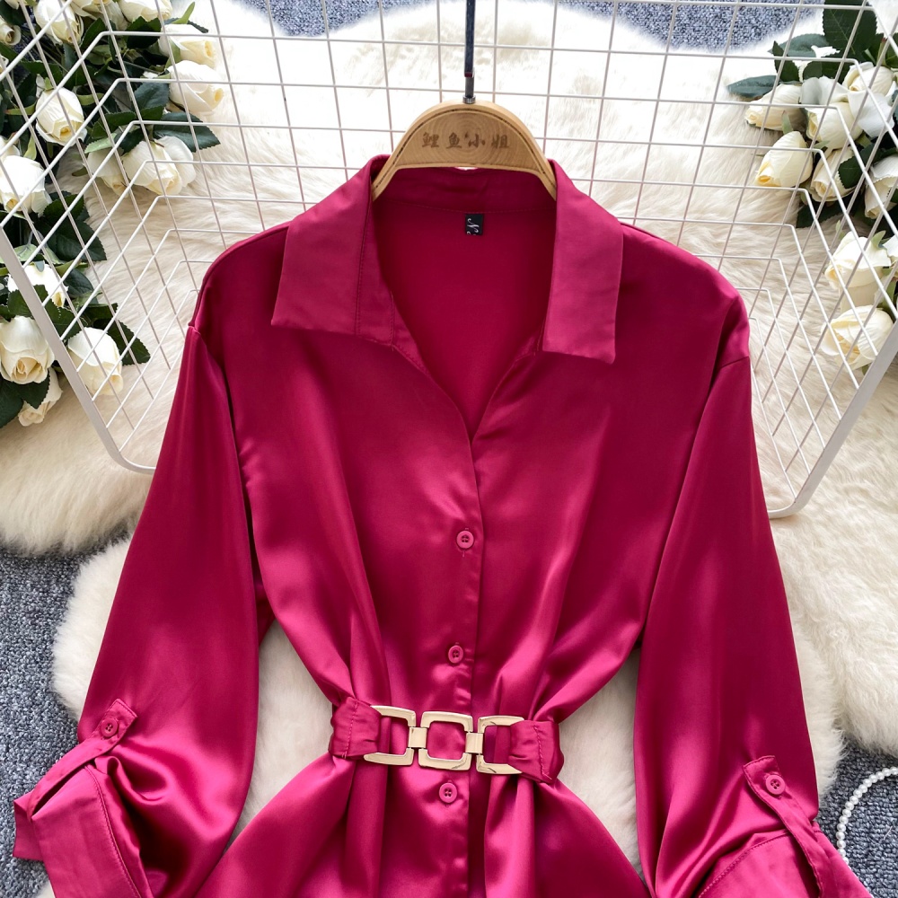 Satin long sleeve niche cardigan pinched waist slim dress