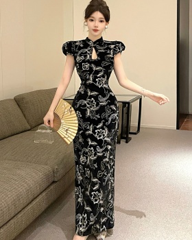 France style retro slim long dress bud sleeve printing cheongsam