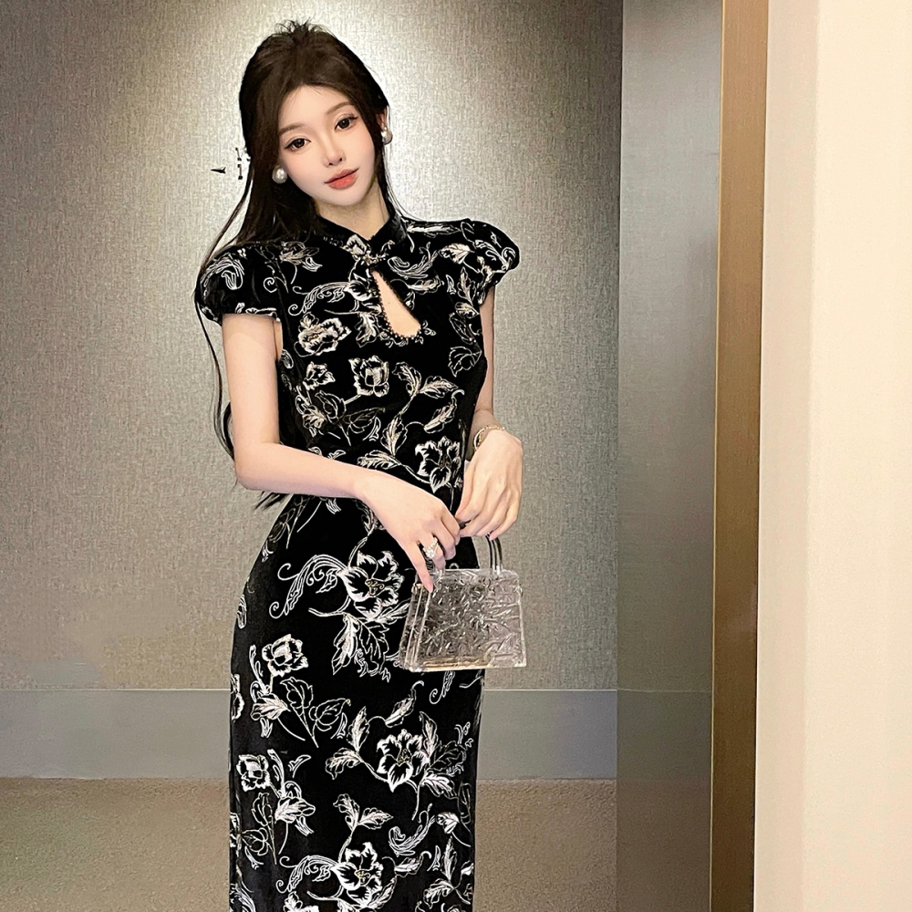 France style retro slim long dress bud sleeve printing cheongsam