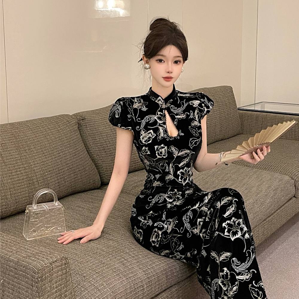 France style retro slim long dress bud sleeve printing cheongsam