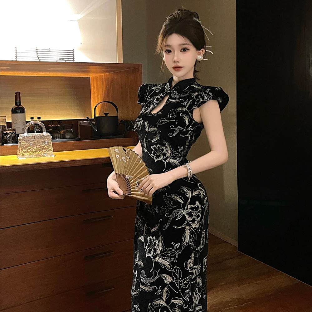 France style retro slim long dress bud sleeve printing cheongsam