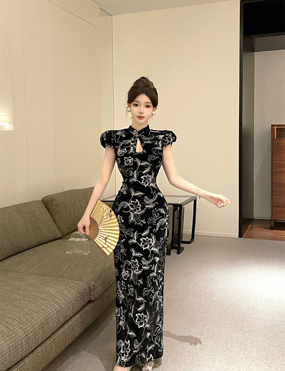 France style retro slim long dress bud sleeve printing cheongsam