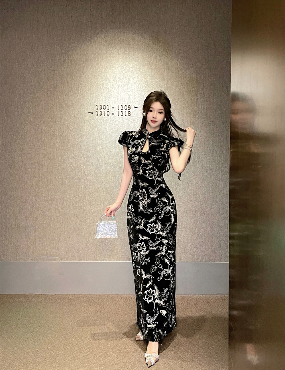 France style retro slim long dress bud sleeve printing cheongsam