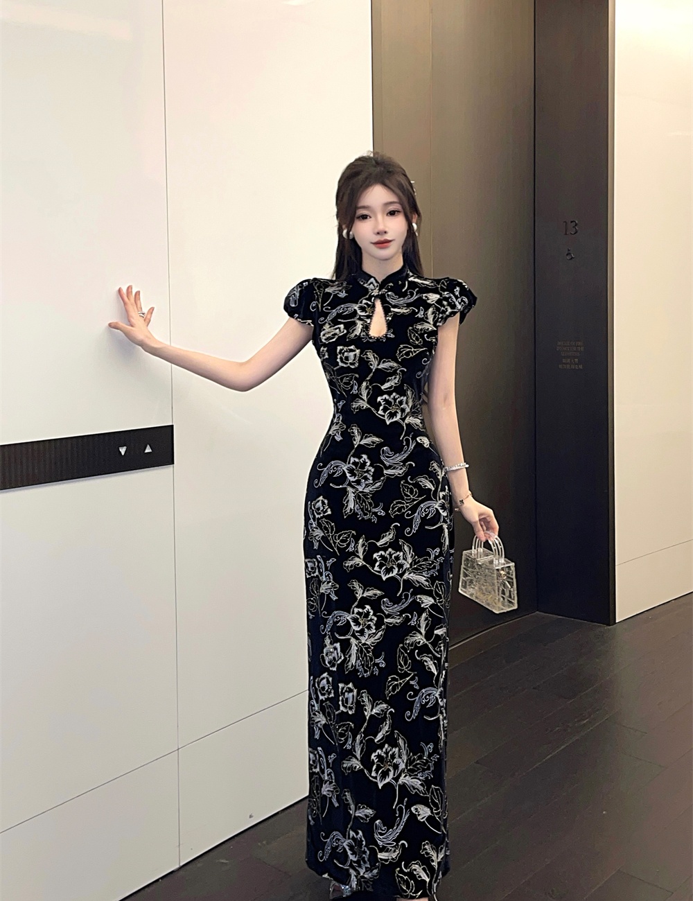 France style retro slim long dress bud sleeve printing cheongsam