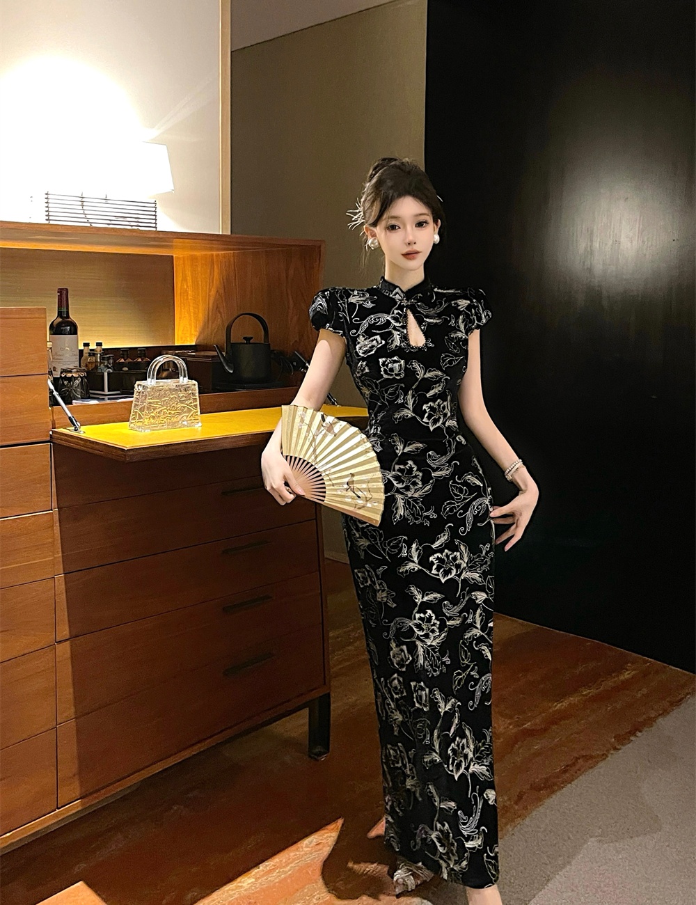 France style retro slim long dress bud sleeve printing cheongsam