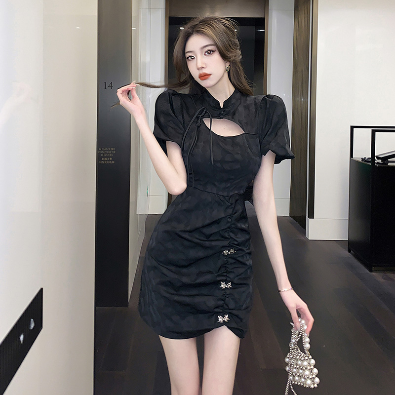 Sexy frenum jacquard Chinese style hollow dress