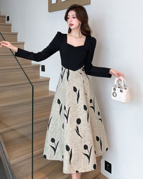 Autumn France style long dress square collar drape dress