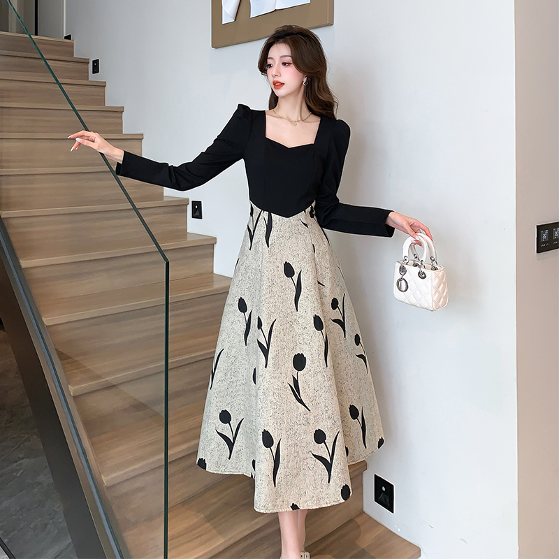 Autumn France style long dress square collar drape dress