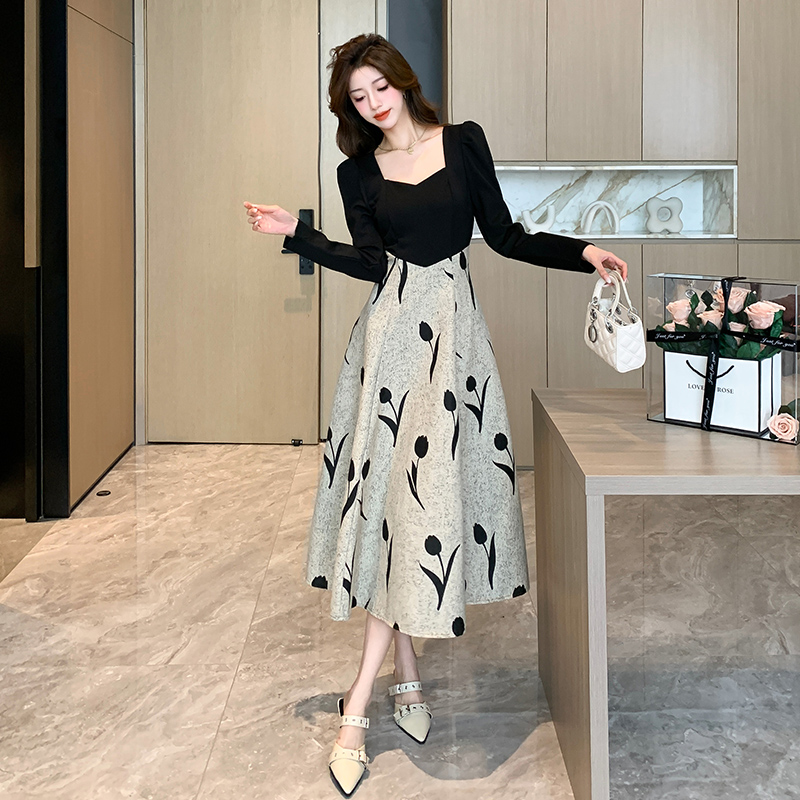 Autumn France style long dress square collar drape dress