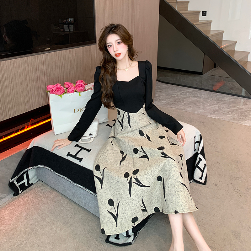 Autumn France style long dress square collar drape dress