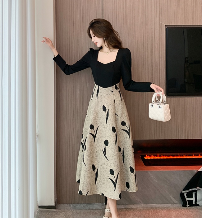 Autumn France style long dress square collar drape dress