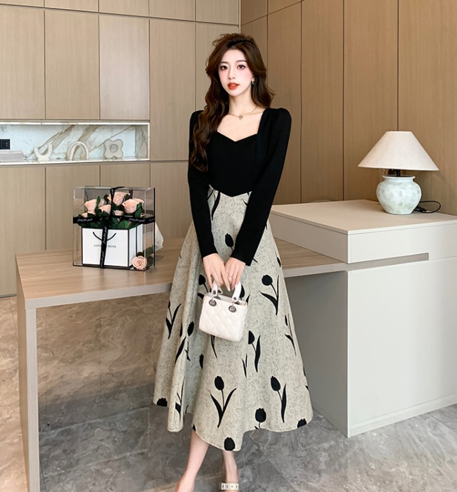 Autumn France style long dress square collar drape dress