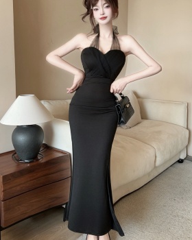 Ladies slim split evening dress package hip halter long dress