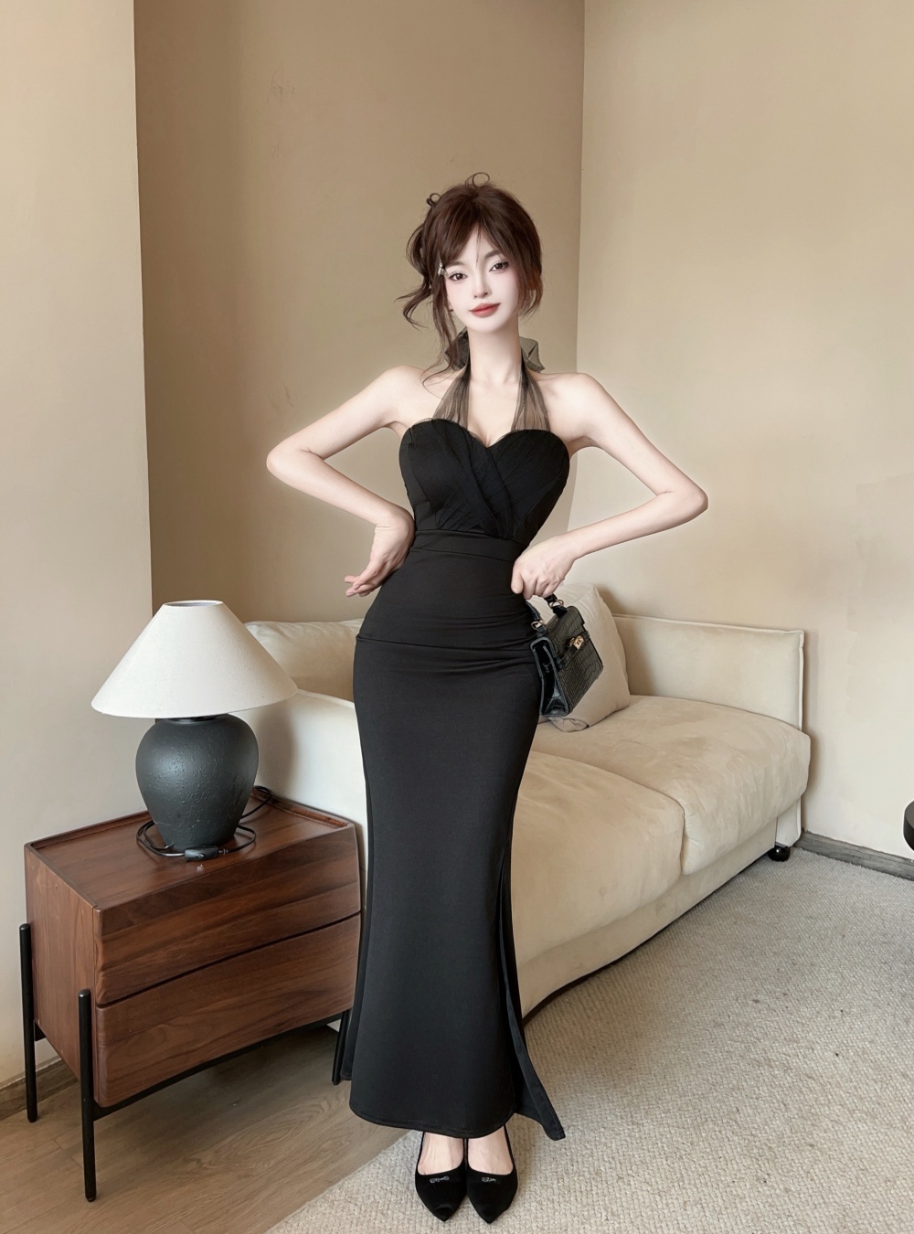 Ladies slim split evening dress package hip halter long dress