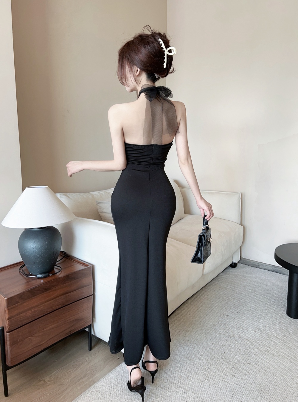 Ladies slim split evening dress package hip halter long dress