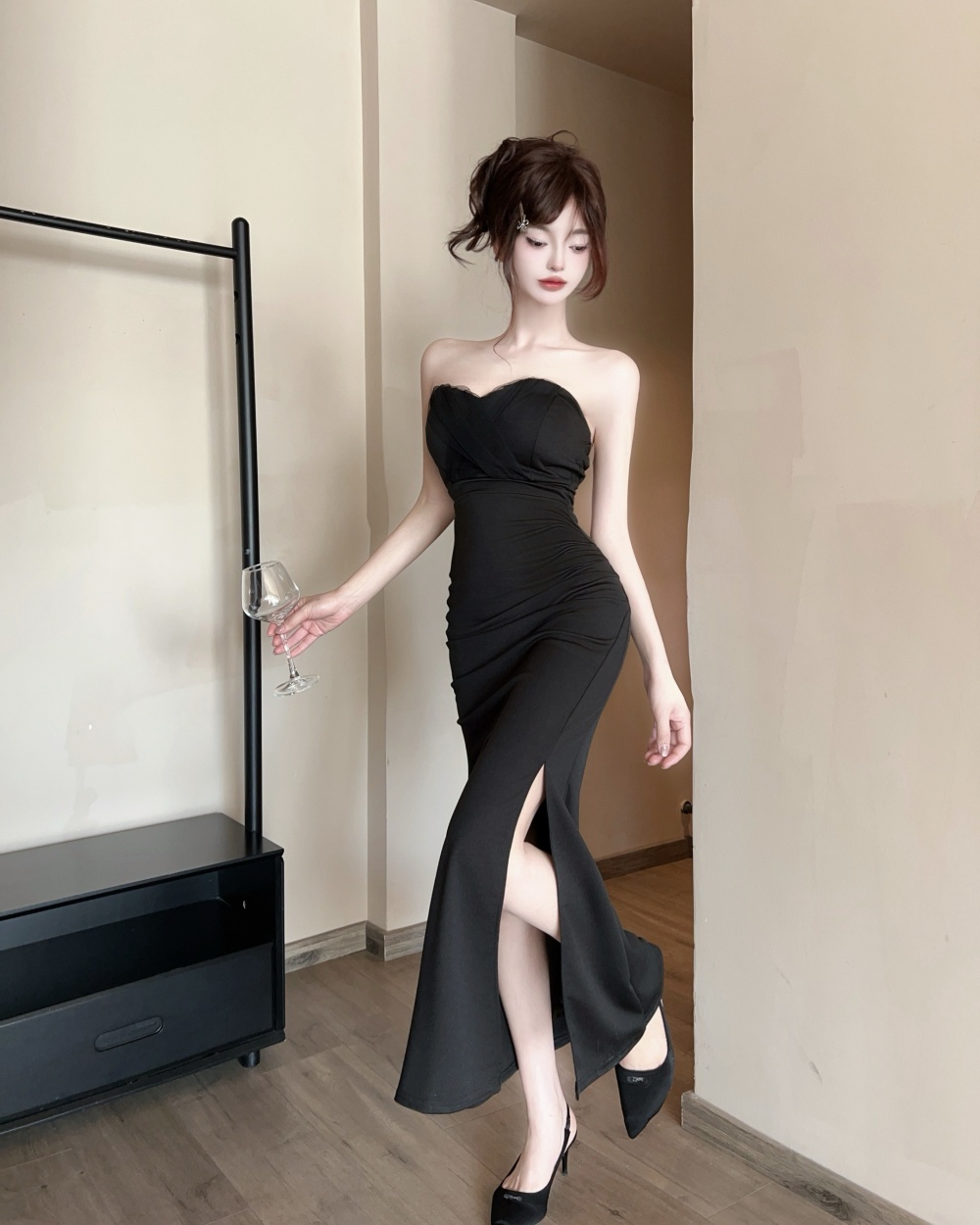 Ladies slim split evening dress package hip halter long dress