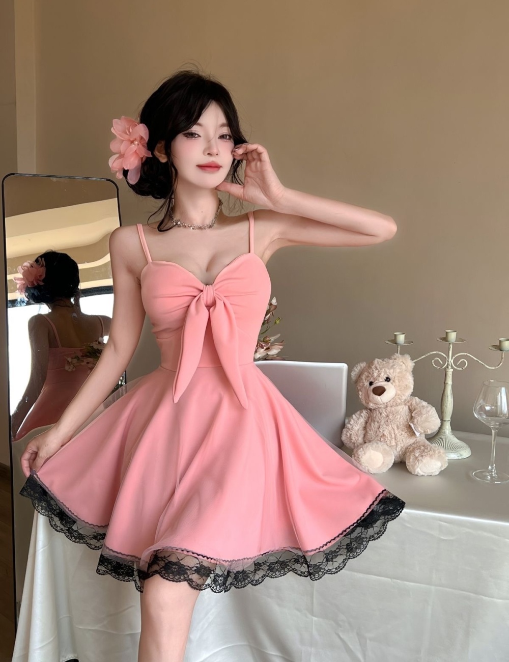 Splice bow sexy gauze summer sling dress