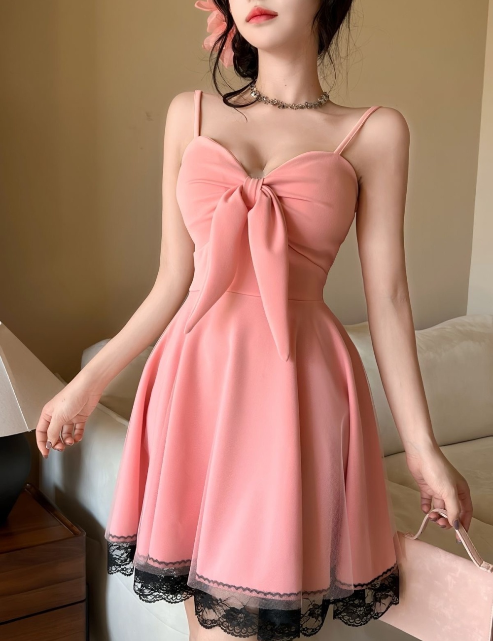 Splice bow sexy gauze summer sling dress