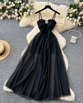 Pinched waist black long dress rhinestone dress for women