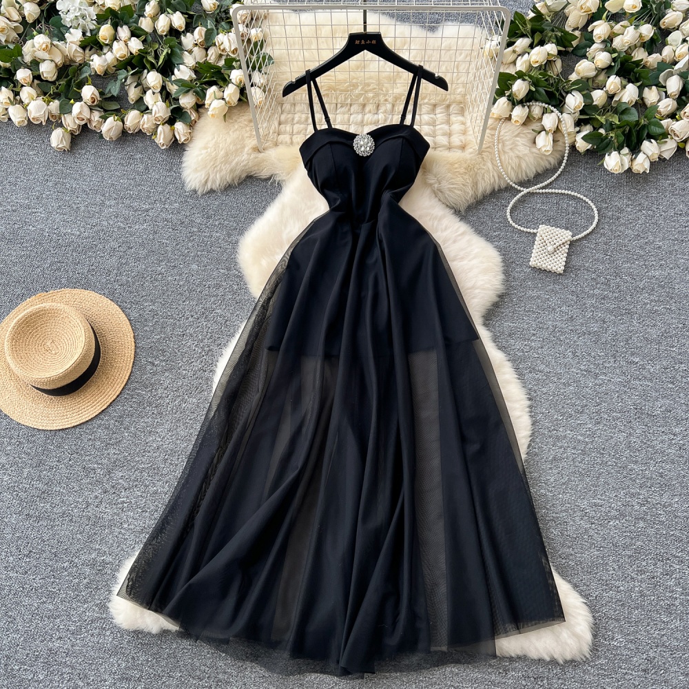 Pinched waist black long dress rhinestone dress for women