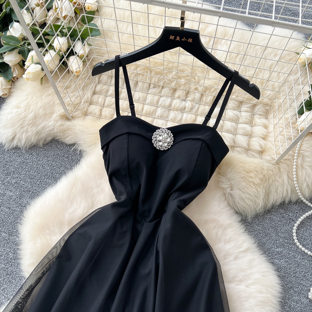 Pinched waist black long dress rhinestone dress for women