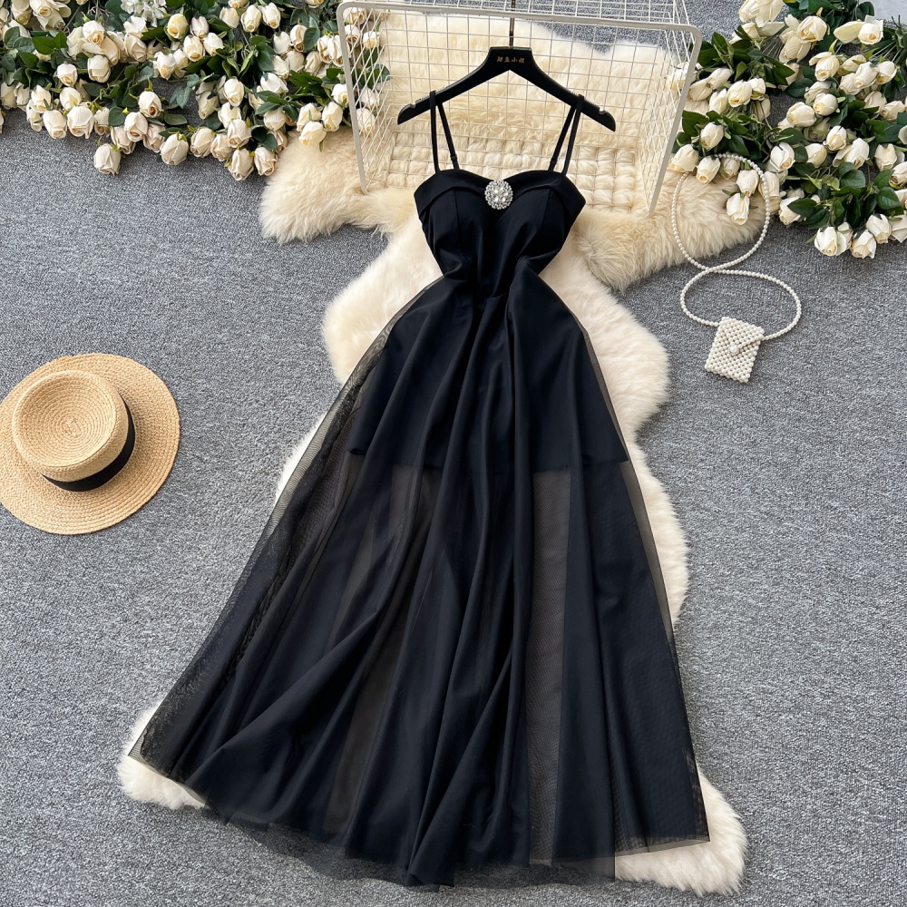 Pinched waist black long dress rhinestone dress for women