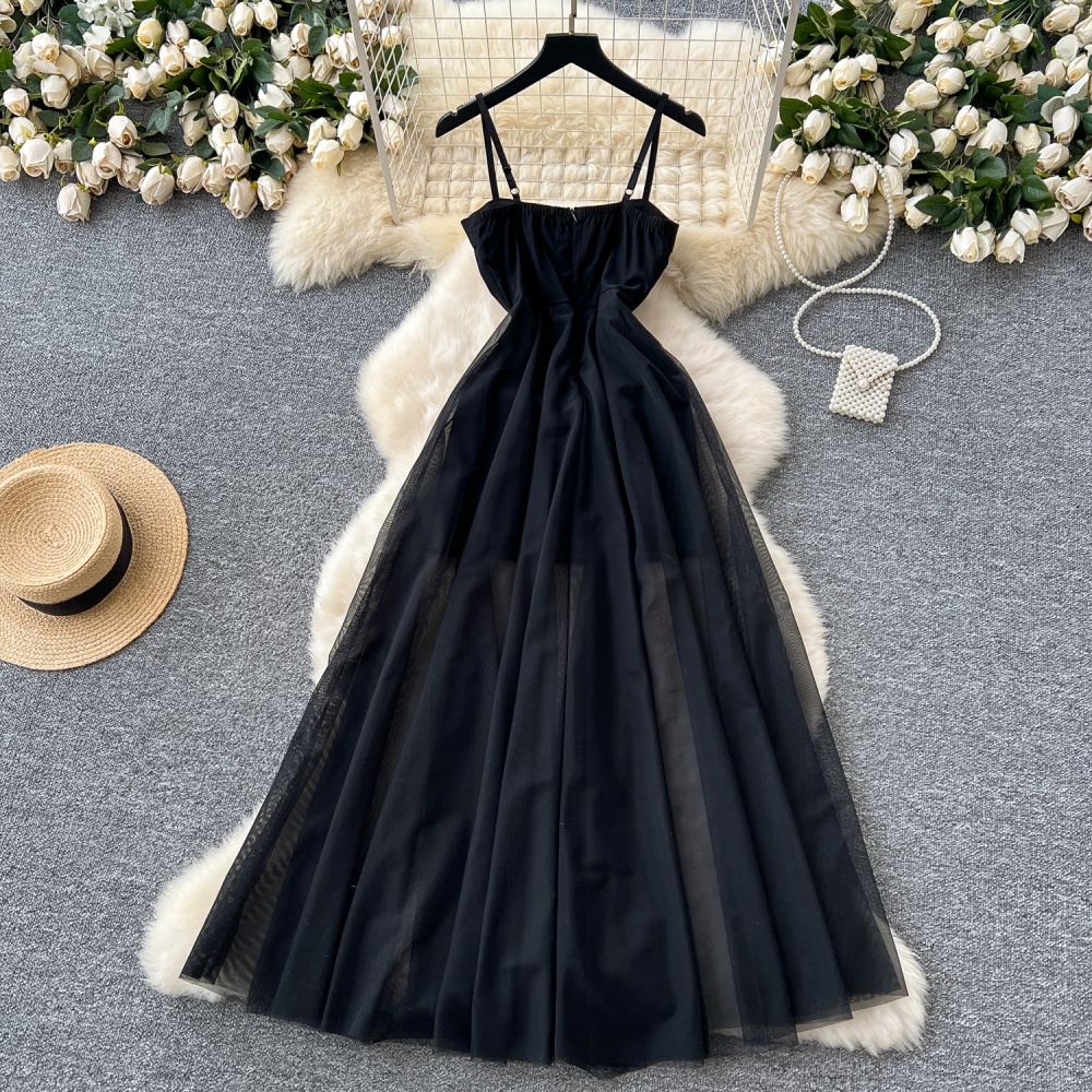 Pinched waist black long dress rhinestone dress for women