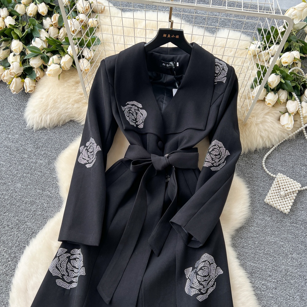 Rhinestone overcoat pinched waist windbreaker for women