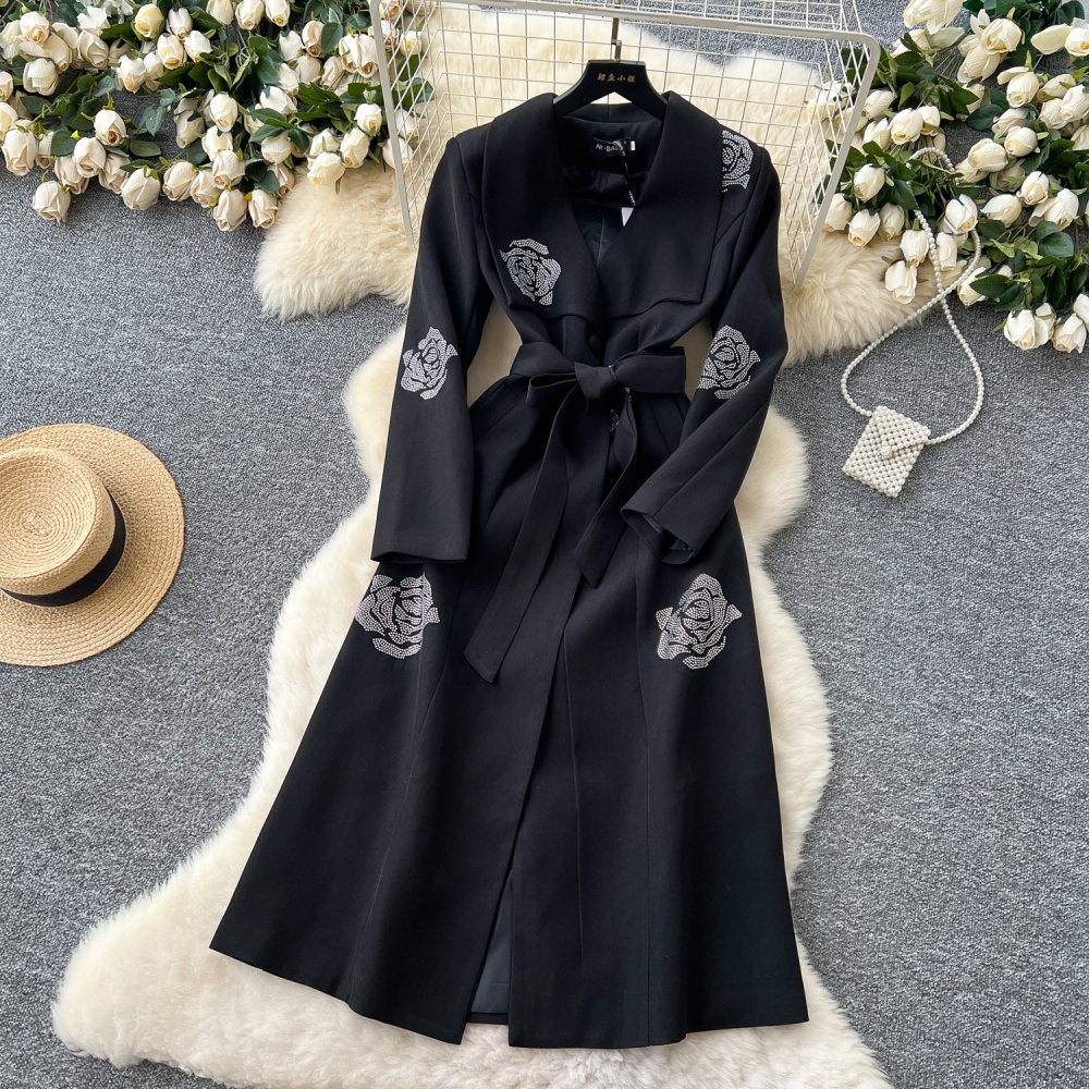 Rhinestone overcoat pinched waist windbreaker for women