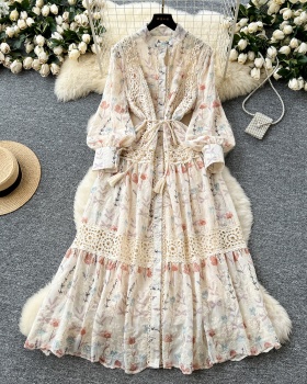 Printing slim long dress pinched waist dress for women