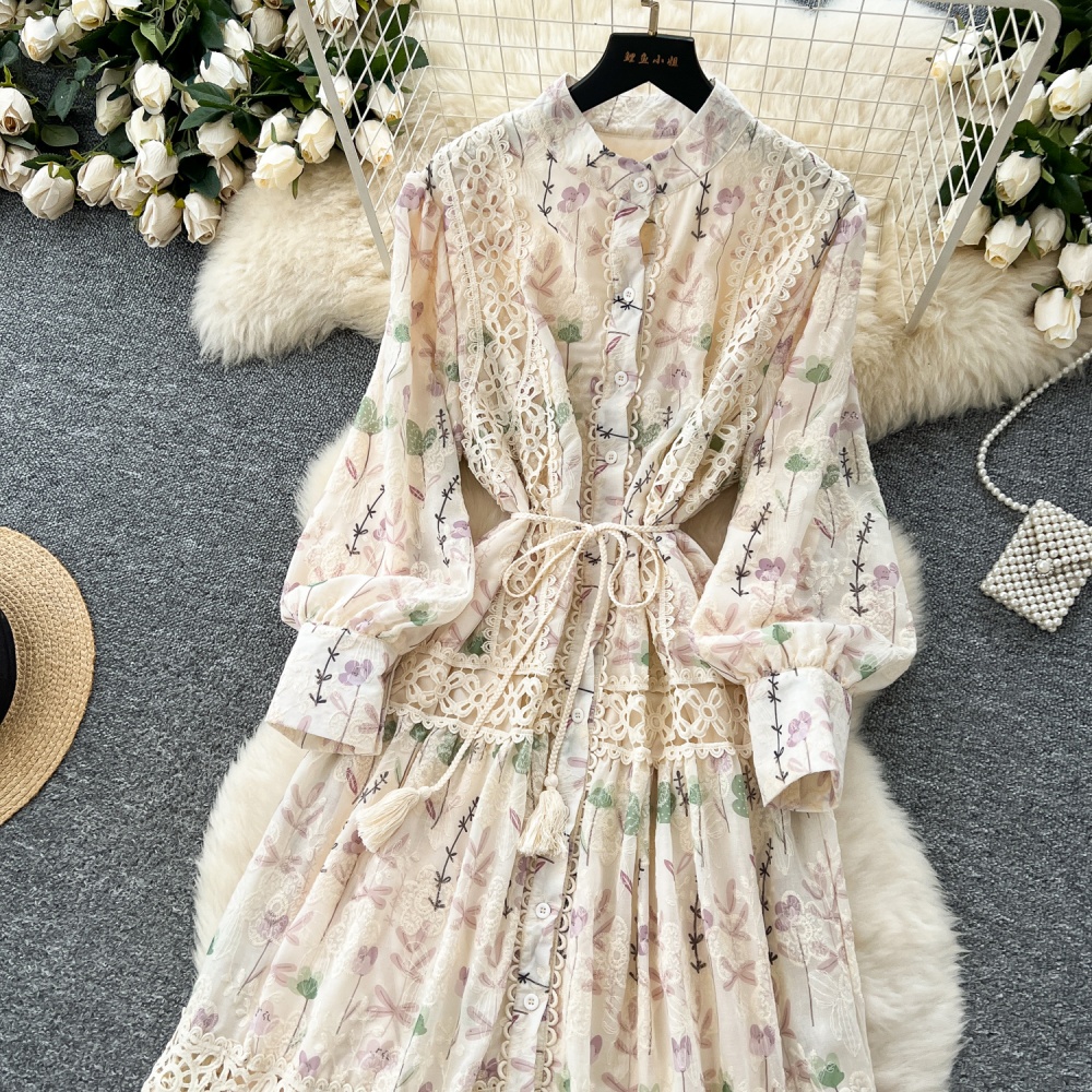 Printing slim long dress pinched waist dress for women