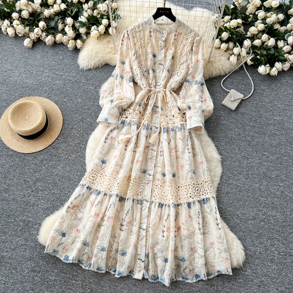 Printing slim long dress pinched waist dress for women