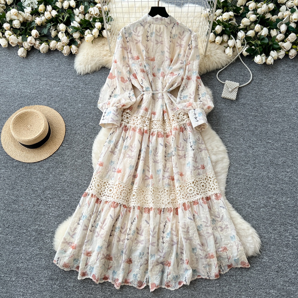 Printing slim long dress pinched waist dress for women