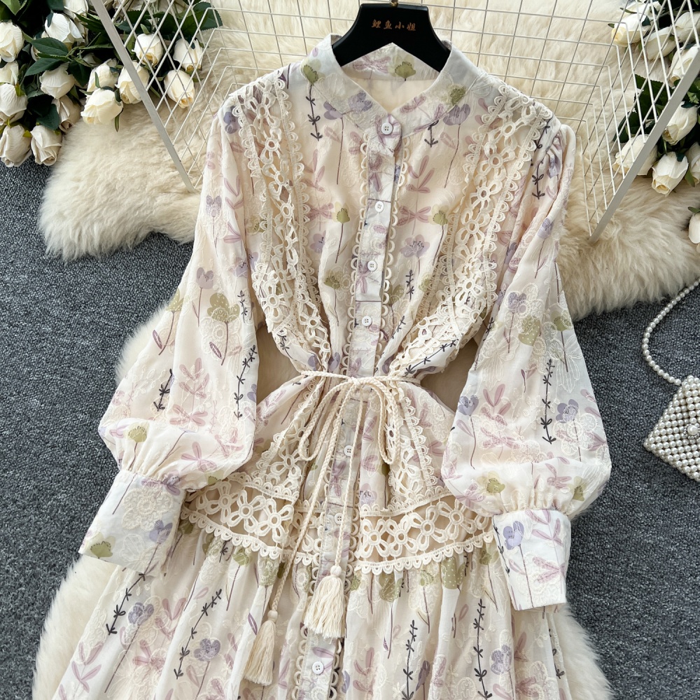 Printing slim long dress pinched waist dress for women