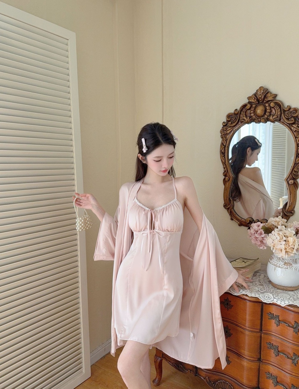 Sling nightgown long sleeve night dress 2pcs set for women