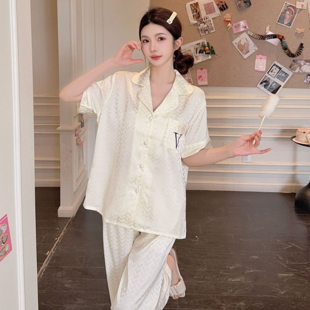 Imitation silk pajamas long pants a set for women