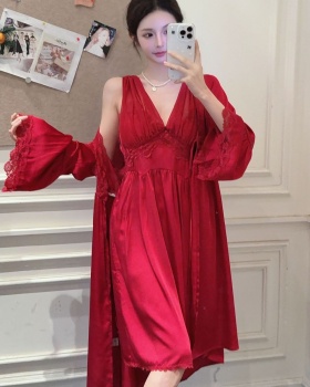 Homewear long pajamas ice silk nightgown 2pcs set for women