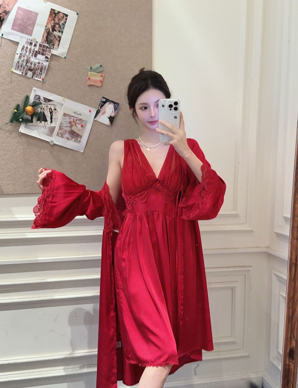 Homewear long pajamas ice silk nightgown 2pcs set for women