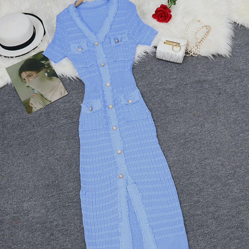 France style short sleeve dress long knitted long dress