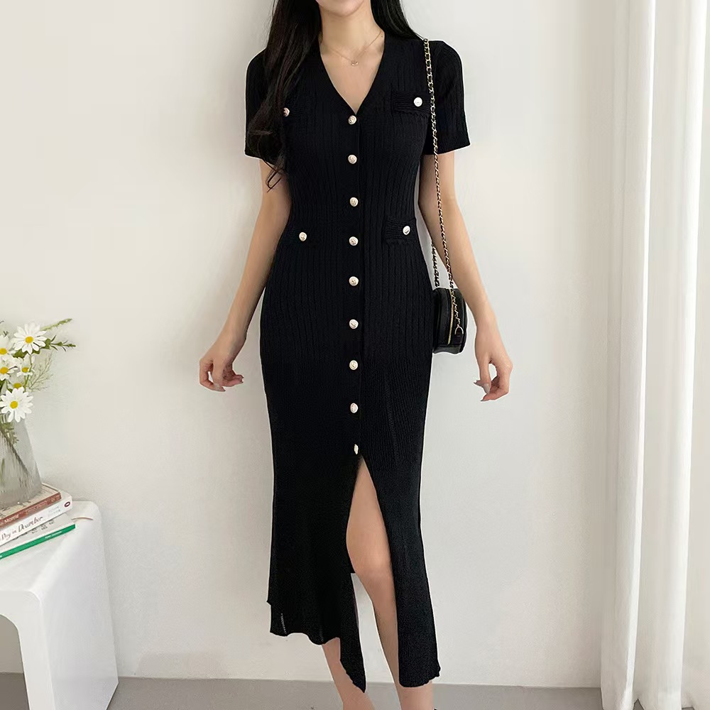 Exceed knee package hip sweater dress Korean style slim long dress